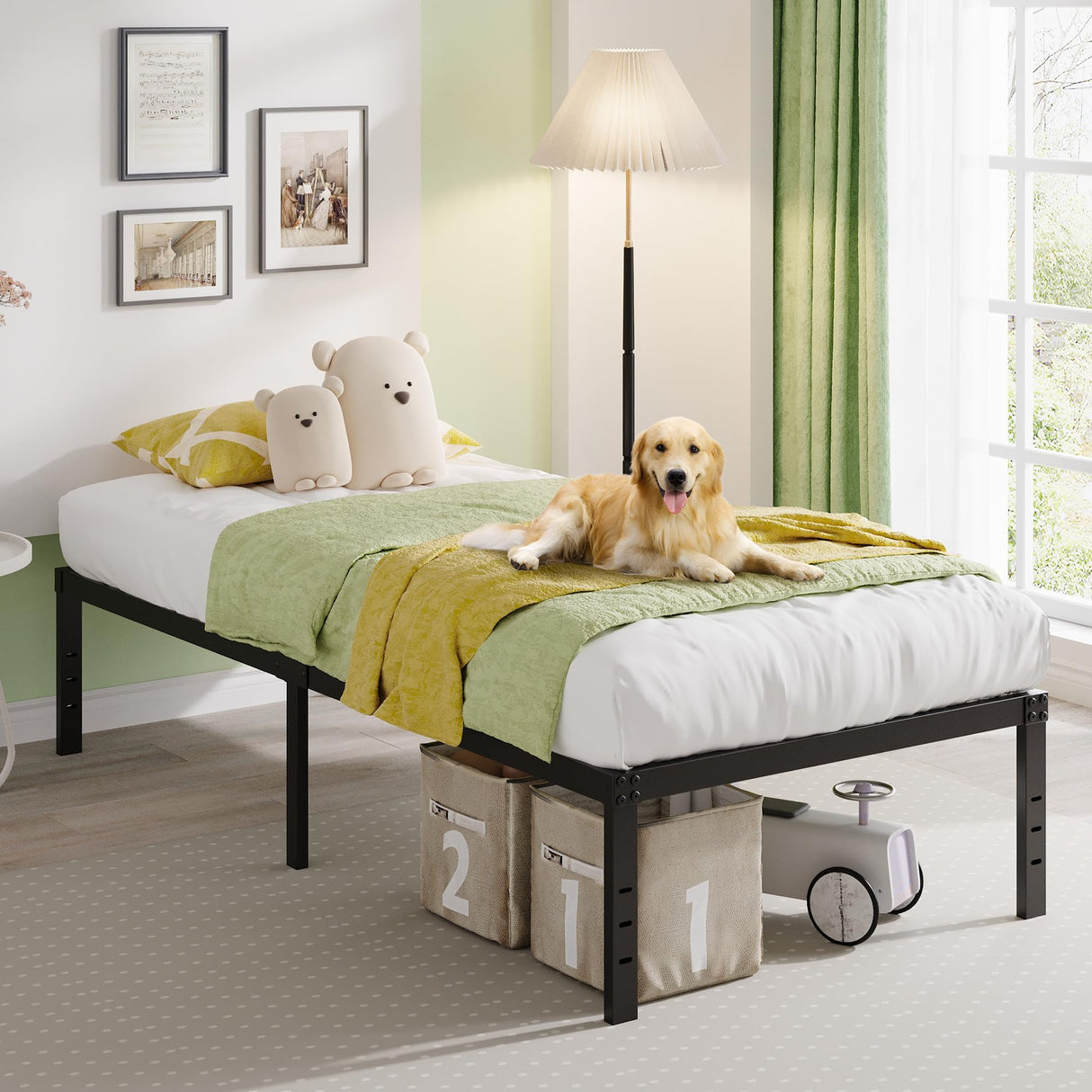 EMODA 18 Inch Twin Bed Frame No Box Spring Needed, Heavy Duty Tall Metal Twin Platform Bed Frames with Large Storage Space, Noise Free, Easy Assembly, Black EMODA