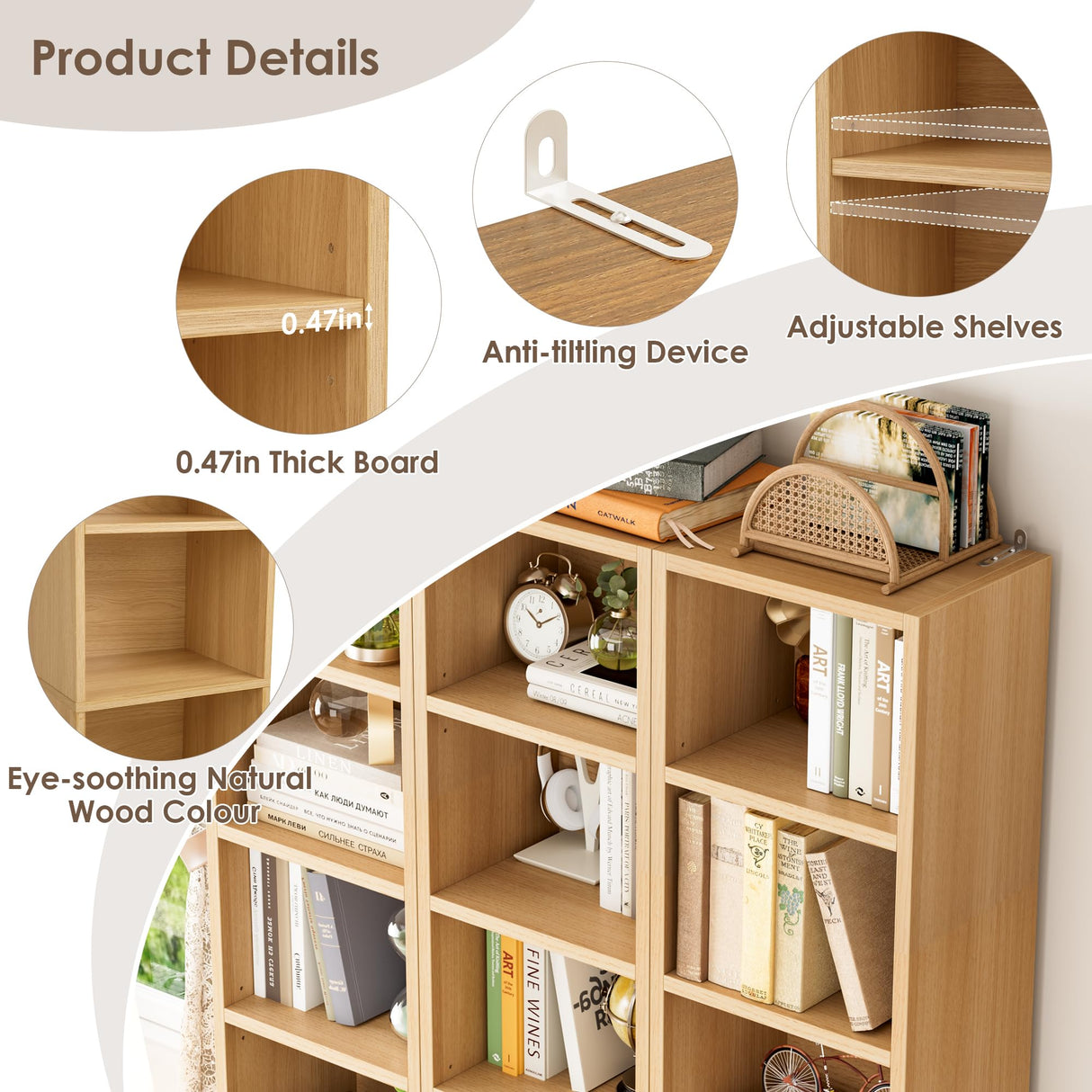 FOTOSOK 8-Tier Media Tower Rack, 11.6 X 9.3 X 71 Inches CD DVD Slim Storage Cabinet with Adjustable Shelves, Tall Narrow Bookcase Display Bookshelf for Home Office, Natural FOTOSOK