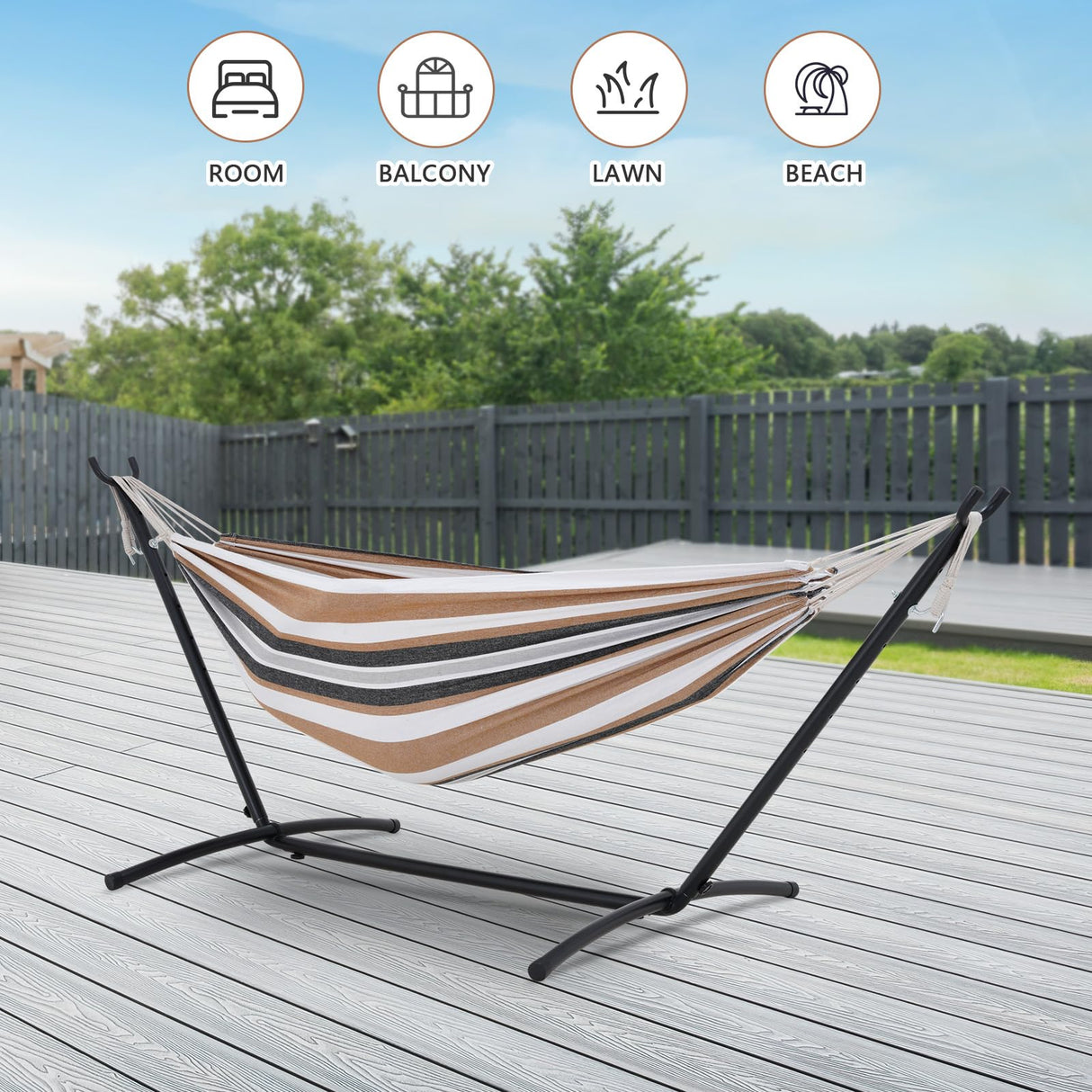 EVLIQUIL Double Hammock with Stand Included 450lb Capacity Space Saving Steel Stand,Premium Carry Bag Included,Suit for Outside,Indoor,Yard,Camping(Coffee). EVLIQUIL
