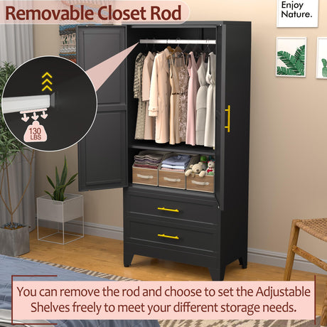 winiowa Metal Armoire Wardrobe Closet with 2 Drawers, 71" Wardrobe Cabinet with Adjustable Shelves and Hanging Rod, Clothing Storage Cabinet Closet with Mirror for Bedroom-Black winiowa