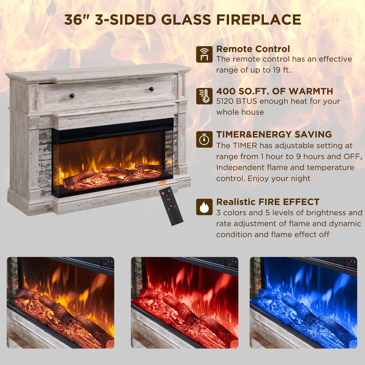 RedLemon 3-Sided Glass Fireplace TV Stand for TVs up to 65'', 52'' Electric Fireplace with Mantel, 36'' Tall Highboy Farmhouse Entertainment Center with Storage for Living Room, Antique Brush White RedLemon