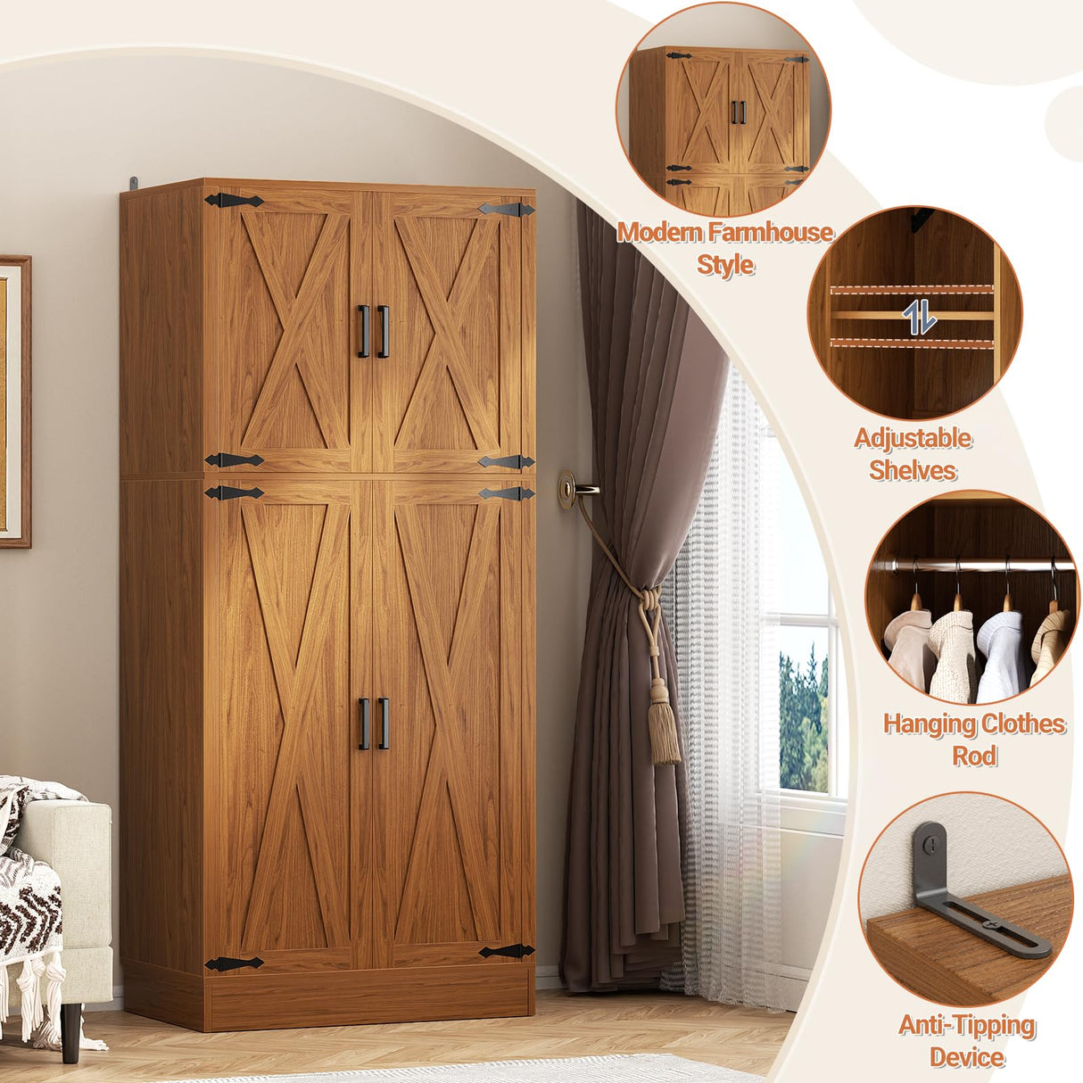 Unikito Armoire Wardrobe Closet, 71" Farmhouse Wooden Wardrobe with Adjustable Shelves and Hanging Rod, Freestanding Clothing Storage Cabinet Organizer for Bedroom Living Room Office, Highland Oak Unikito