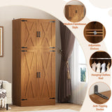 Unikito Armoire Wardrobe Closet, 71" Farmhouse Wooden Wardrobe with Adjustable Shelves and Hanging Rod, Freestanding Clothing Storage Cabinet Organizer for Bedroom Living Room Office, Highland Oak Unikito