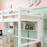 KEIKI Twin Loft Bed with Built-in Desk and Bookcase of Three compartments, Guardrails and Ladder,White KEIKI