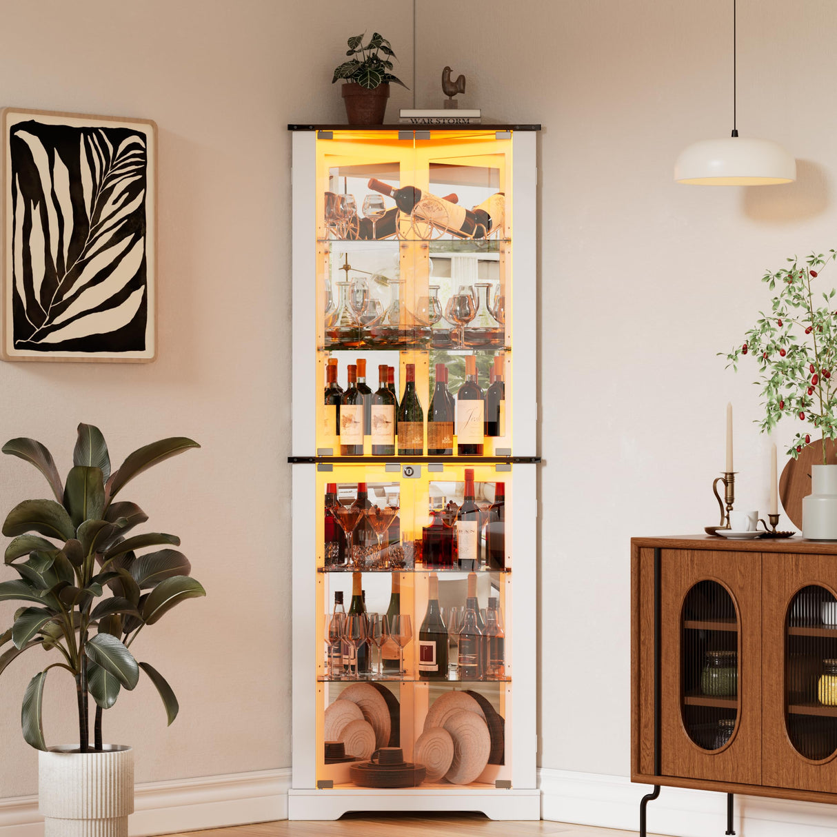 PAKASEPT 71'' Farmhouse Corner Display Curio Cabinet with LED Lights&Tempered Glass Doors,Display Case with Light Strip,Shelves,Floor Standing Liquor Wine Cabinet Storage Rack for Bar,White PAKASEPT