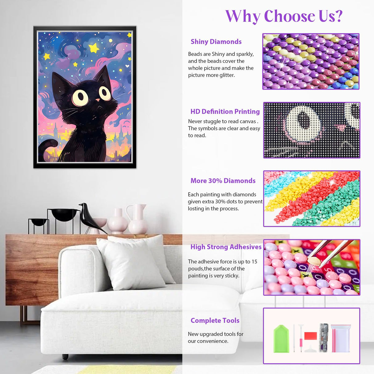 HEIBAGO Starry Night Cat Diamond Art Kits for Adults Beginners, 5D Diamond Painting Animal Kits, DIY Full Round Drill Diamond Dots Paintings Picture Gem Art Craft for Home Wall Decor 12x16 Inch HEIBAGO