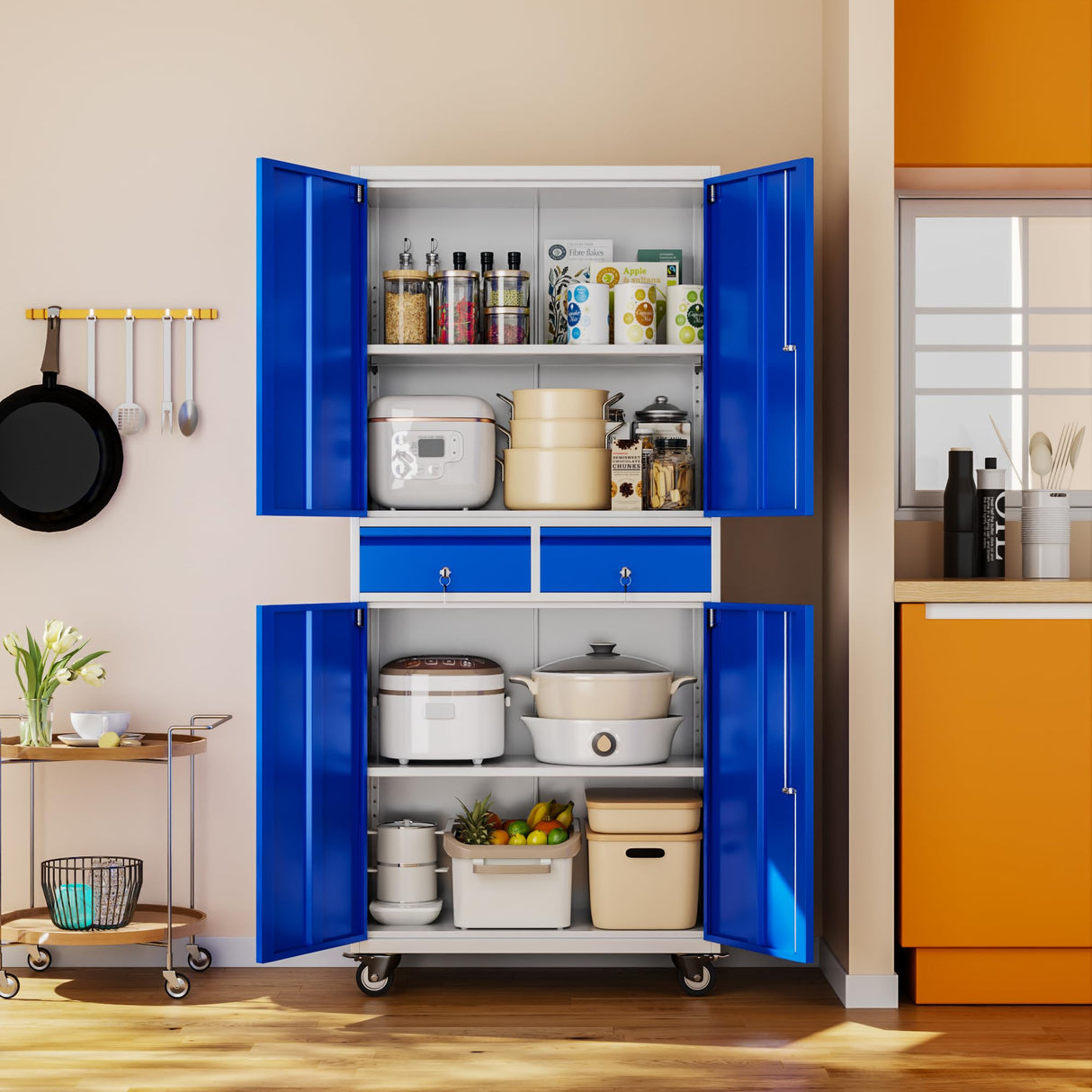 METAN 71" H 2 Drawer Metal Storage Cabinet with Locking Doors,Steel Rolling Tool Storage Cabinet with 2 Adjustable Shelves for Garage,Home, Office, Kitchen Assembly Required (Grey Blue) METAN