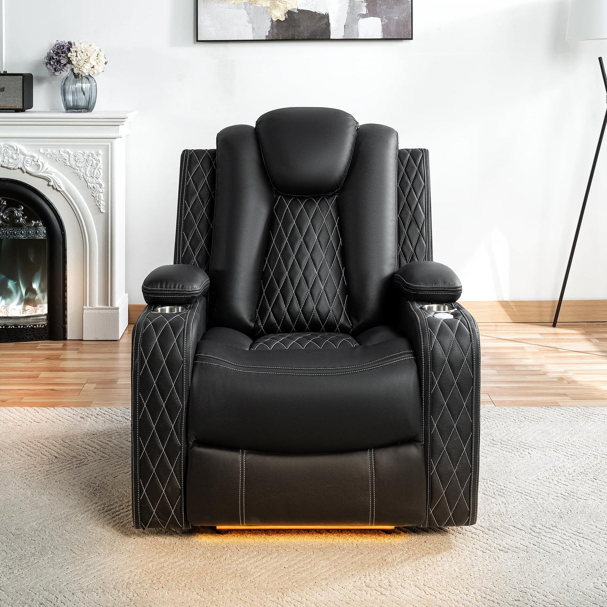 Naomi Home Chicago Recliner Chair in Black Air Leather – Modern Faux Leather Reclining Chair with Padded Armrests, Tufted Backrest, Push Back Mechanism – Living Room or Home Theater Seating Naomi Home
