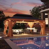 Aoxun Hardtop Gazebo, 12 x 16ft Wooden Finish Coated Aluminum Frame Canopy, Galvanized Steel Double Top, Outdoor Permanent Metal Pavilion with Curtains and Netting, for Backyard, Patio and Deck Aoxun