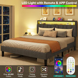 YITAHOME King Size Upholstered Bed Frame with LED Lighting, Headboard Storage, and Charging Station - Grey YITAHOME