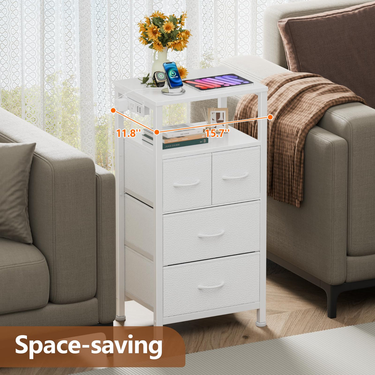 Furnulem 4 Drawer Dresser with Led Light and Charging Station, White Night Stand with Storage Shelf and Fabric & PVC Drawer, 33 Inch Bedside Table, Tall Nightstand for Entryway, Bedroom Furniture Furnulem