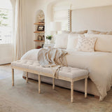 LUE BONA 60" Bedroom Bench, Vintage French Tufted End of Bed Bench, Upholstered Fabric Ottoman Bench with Carved Wood Legs for Bedroom,Dining Bench Piano Stool for Living Room,Foyer, Linen LUE BONA