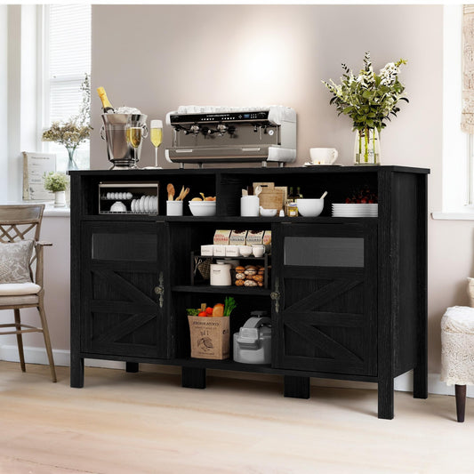 YITAHOME Farmhouse Buffet Cabinet, 55" Large Sideboard Cabinet with Doors & Open Storage, Multipurpose Storage Cabinet for Kitchen & Living Room (Black)