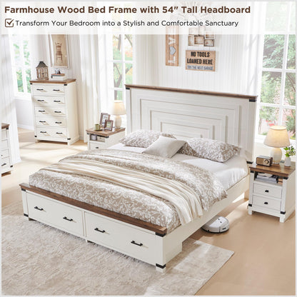 RedLemon Antique White Farmhouse Queen Bed Frame with 54" Geometric Headboard and Storage Drawers - WoodArtSupply