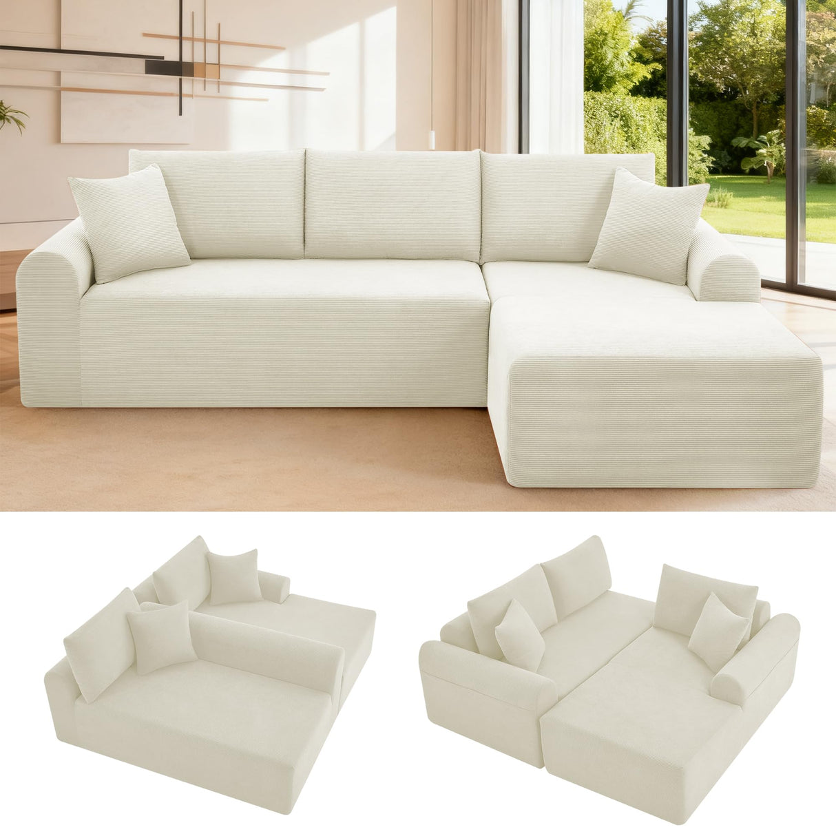 103'' Modular Sectional Sofa Cloud Couch Sectional with L-Shape Chaise, Modern Corduroy Modular Couch Sofa Bed with Throw Pillows, No Assembly Needed for Living Room, Right Facing Chaise, Beige Zyerch