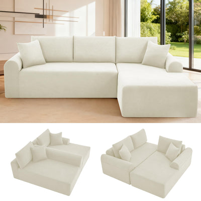 103'' Modular Sectional Sofa Cloud Couch Sectional with L-Shape Chaise, Modern Corduroy Modular Couch Sofa Bed with Throw Pillows, No Assembly Needed for Living Room, Right Facing Chaise, Beige