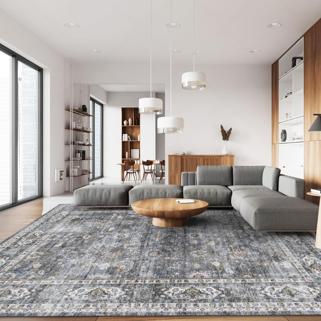 Rugcomf 8x10 Rug Washable Boho Soft Large Area Rug Non-Slip Faux Wool Vintage Rug for Living Room, Farmhouse, Dining Room, Indoor, Kids Playroom (Grey) Rugcomf