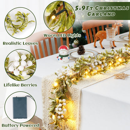 Dolicer 5.9 FT Pre-lit Christmas Garland with 20 LED Lights, Battery Operated Christmas Garland with Timer, Lighted Garland with Snowflake Berries for Mantle Stairs Christmas Decorations (White)