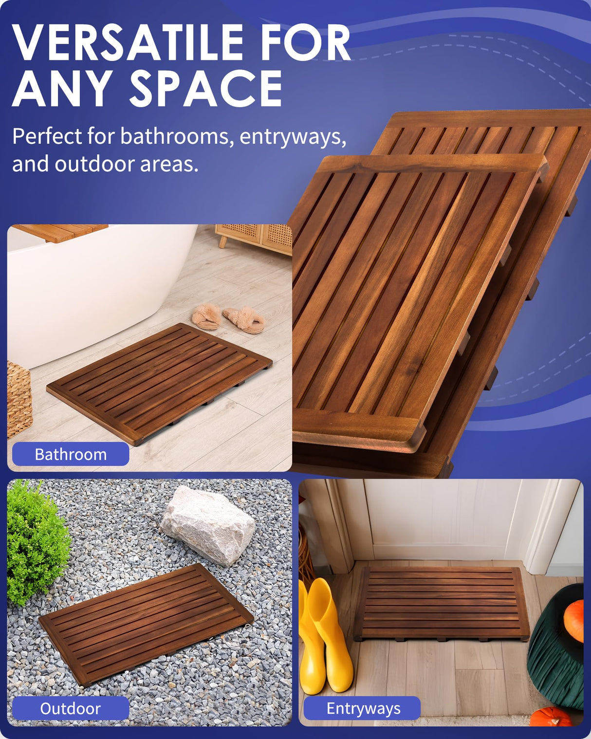 Upolana Teak Shower Mat, 32 x 18 inch Wood Bath Mat for Inside Shower, Premium Wooden Shower Floor Mat, Teak Wood Bath Mat for Bathroom Spa & Outdoor Use Upolana