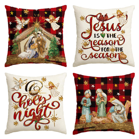 AVOIN colorlife Christmas O Holy Night Jesus Cardinal Buffalo Plaid Throw Pillow Covers, 18 x 18 Inch Christmas Saying Winter Holiday Cushion Case Decoration for Sofa Couch Set of 4 AVOIN colorlife