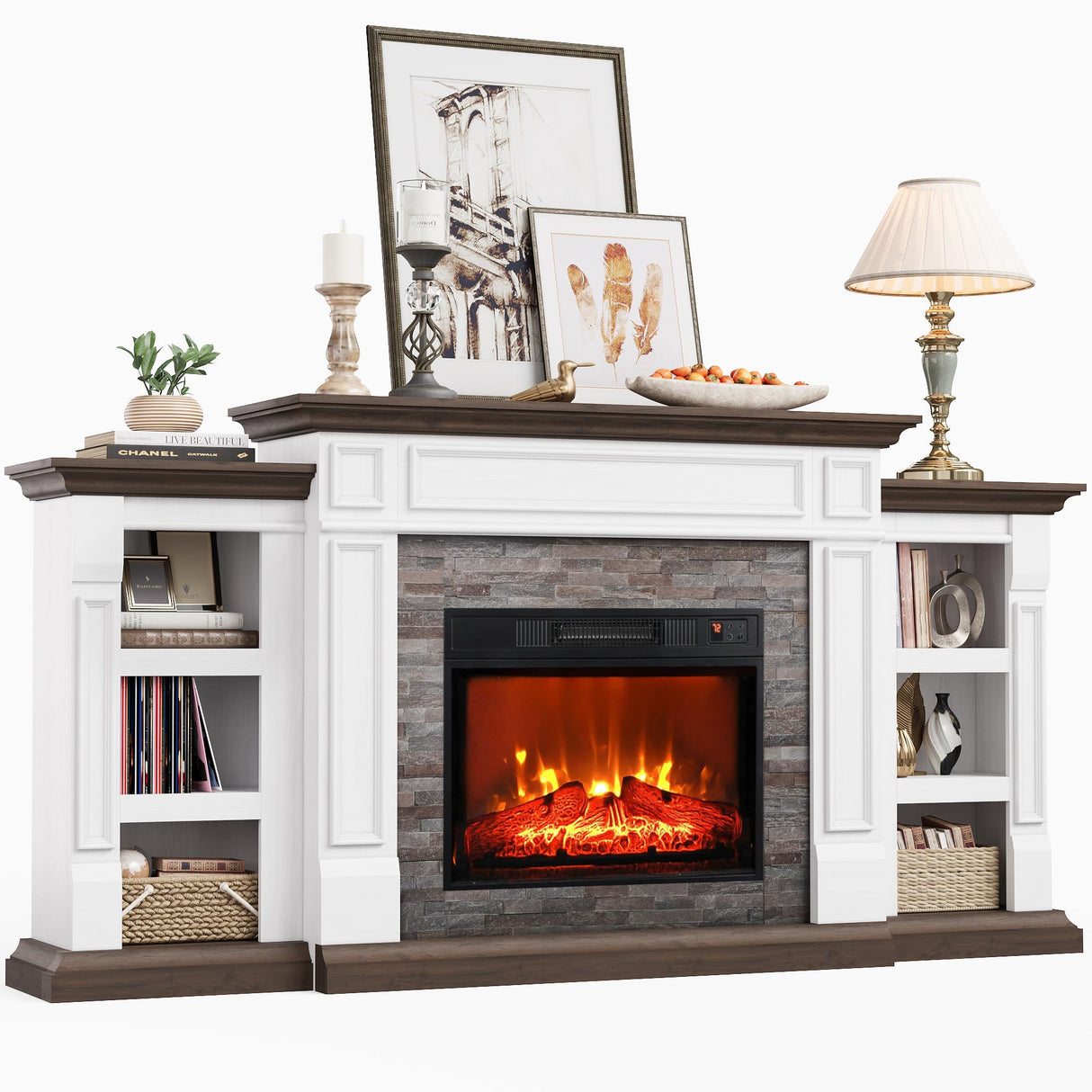 Naice 70" Electric Fireplace with Mantel and Cabinets, Fireplace TV Stand for Living Room Bedroom, Stacked Stone Surround and Remote Control 3D Realistic Flame Naice