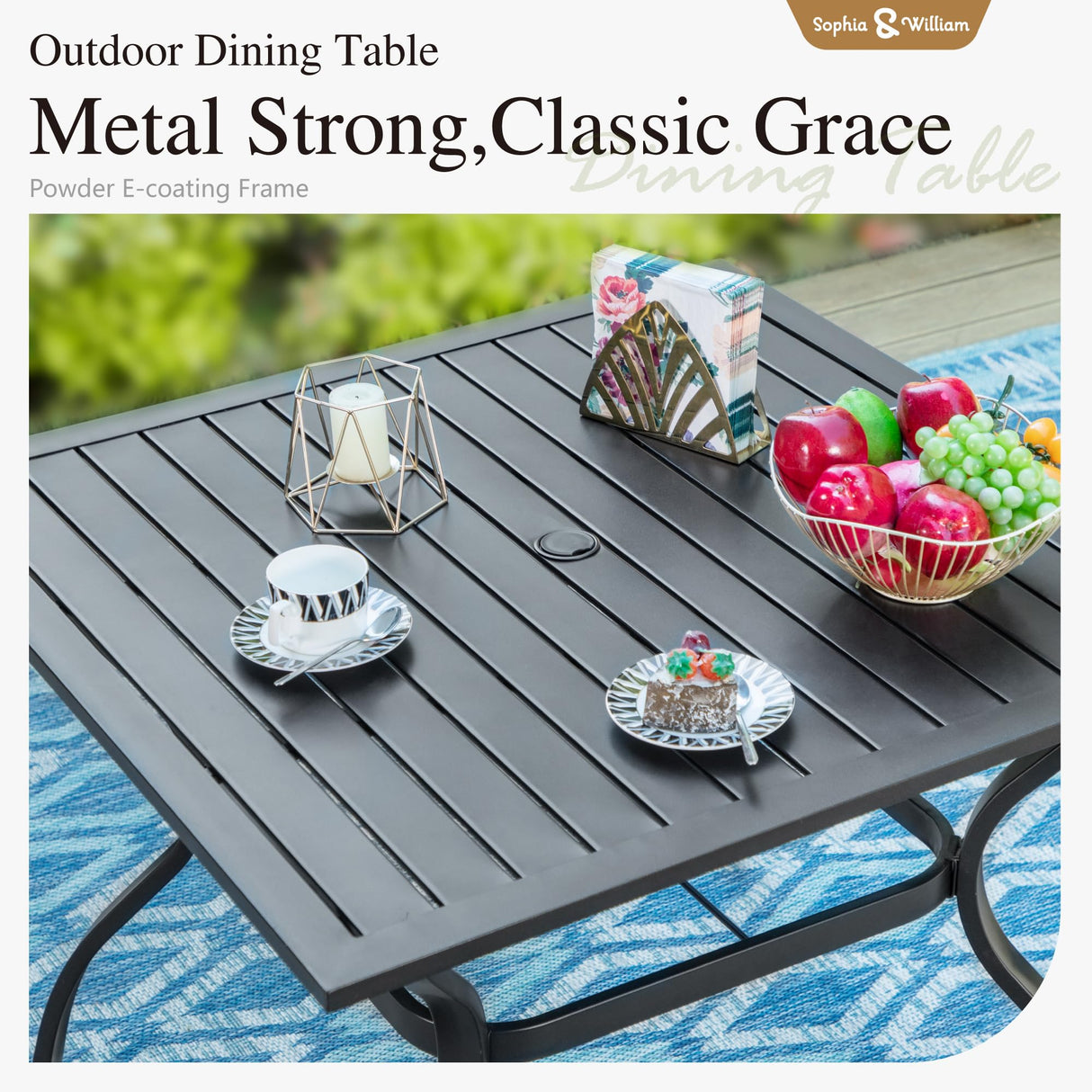 Sophia & William Metal Outdoor Patio Dining Set 6 PCS with 10ft 3 Tier Auto-tilt Umbrella(Navy Blue), 4 x Metal Outdoor Chairs, 1 x Square 37"x 37" Dining Table and 1 Patio Umbrella Sophia & William