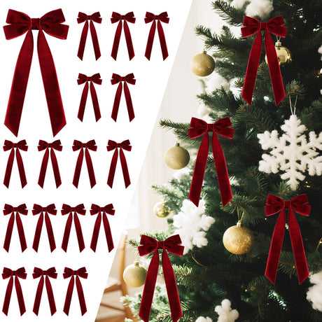 16Pcs Velvet Ribbon Bows for Christmas Tree, Vintage Rustic Small Craft Bows Ornaments for Garland Wreath Gift Wrapping Candy Bags Party DIY Decorations (Burgundy, 5" x 10", Width of 1") Senjie