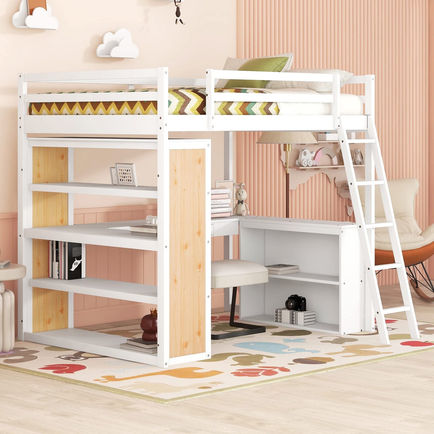 Versatile Full Size Loft Bed with Desk, Shelves, Drawer and Ladder – Solid Wood Frame in White - WoodArtSupply