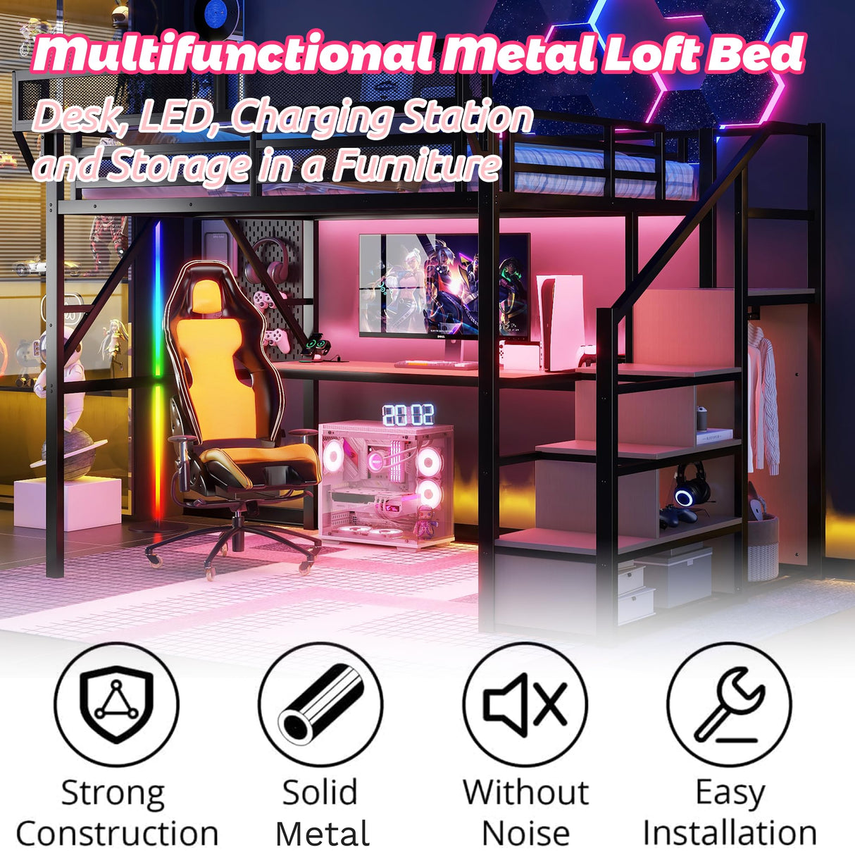 Metal Loft Bed with Desk and RGB LED Lights, Queen Size Loft Bed with Stairs and Charging Station,Adult Loft Beds with Storage Shelves for Upper and Wardrobe,Loft Beds Frame for Kids Teens, Black Duxelifin