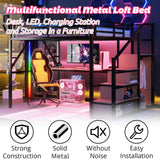 Metal Loft Bed with Desk and RGB LED Lights, Queen Size Loft Bed with Stairs and Charging Station,Adult Loft Beds with Storage Shelves for Upper and Wardrobe,Loft Beds Frame for Kids Teens, Black Duxelifin