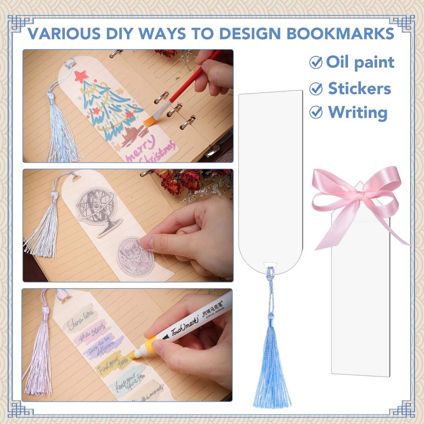 49Pcs Acrylic Bookmark Blanks Kits, Clear Acrylic Craft Bookmarks for Women, 24Pcs Plastic Bookmarks with 24Pcs Colorful Tassel and 1 Roll Ribbon, Christmas Gift Bookmarks, DIY Bookmark Accessories