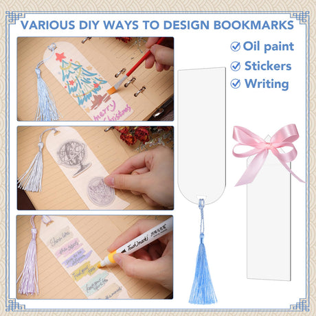 49Pcs Acrylic Bookmark Blanks Kits, Clear Acrylic Craft Bookmarks for Women, 24Pcs Plastic Bookmarks with 24Pcs Colorful Tassel and 1 Roll Ribbon, Christmas Gift Bookmarks, DIY Bookmark Accessories WSICSE