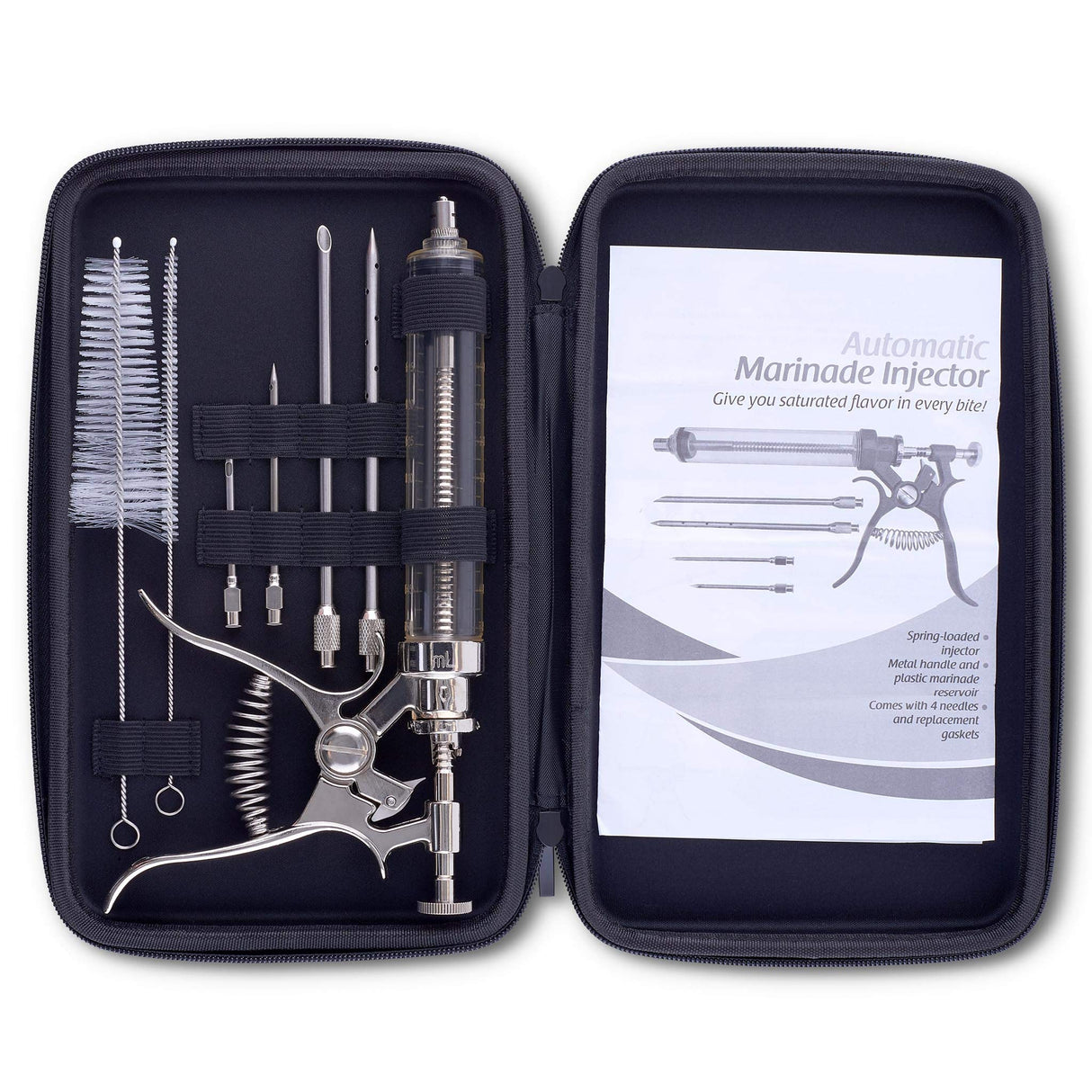 J&B Goods Professional Automatic BBQ Meat Marinade Injector Gun Kit with Case, 2 oz Large Capacity Barrel and 4 Commercial Grade Marinade Needles. J&B Goods