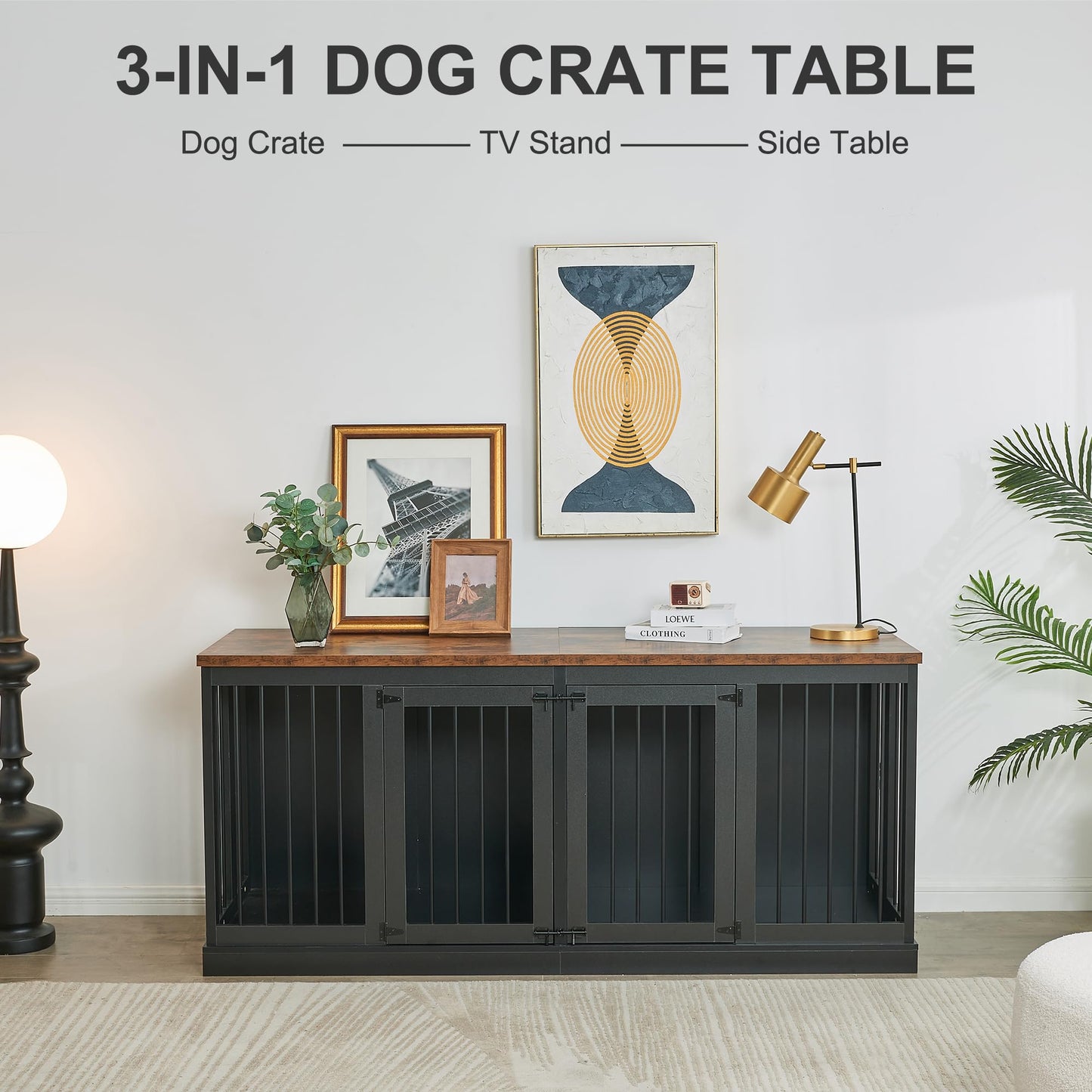 70.9'' Double Dog Crate Furniture, Furniture Style Dog Crate Table, Wood Crates for Dogs Kennel Indoor with Removable Divider, XXL Heavy Duty Decorative Dog Crate Table for 2 Dogs (Black)