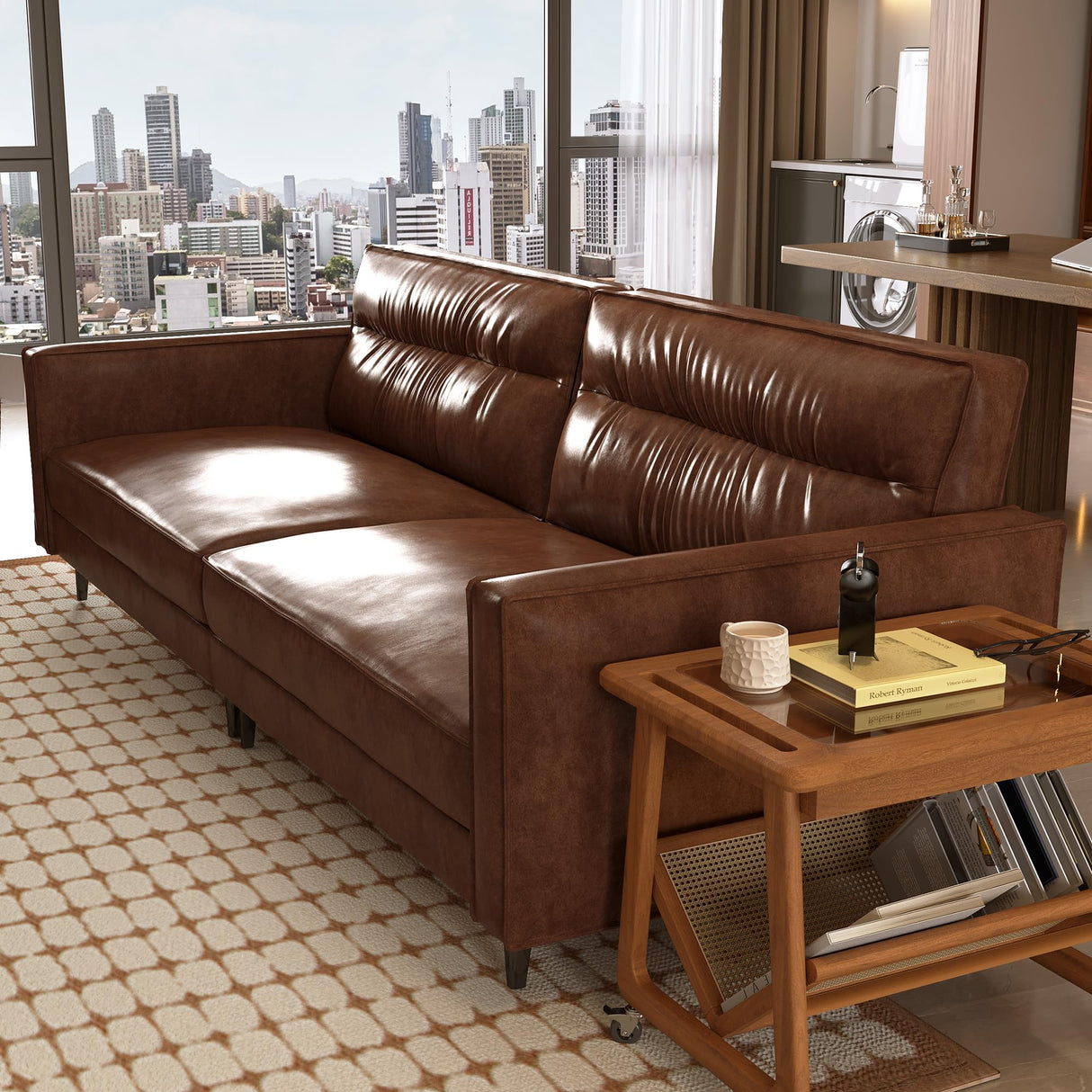 Pajiasen Mid-Century Modern Faux Leather Sofa Couch, 86" Brown 3-Seater Leather Sofa with Deep Cushions, Square Armrests & Sturdy Metal Legs, Retro Contemporary Couch for Living Room Pajiasen
