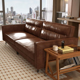 Pajiasen Mid-Century Modern Faux Leather Sofa Couch, 86" Brown 3-Seater Leather Sofa with Deep Cushions, Square Armrests & Sturdy Metal Legs, Retro Contemporary Couch for Living Room Pajiasen