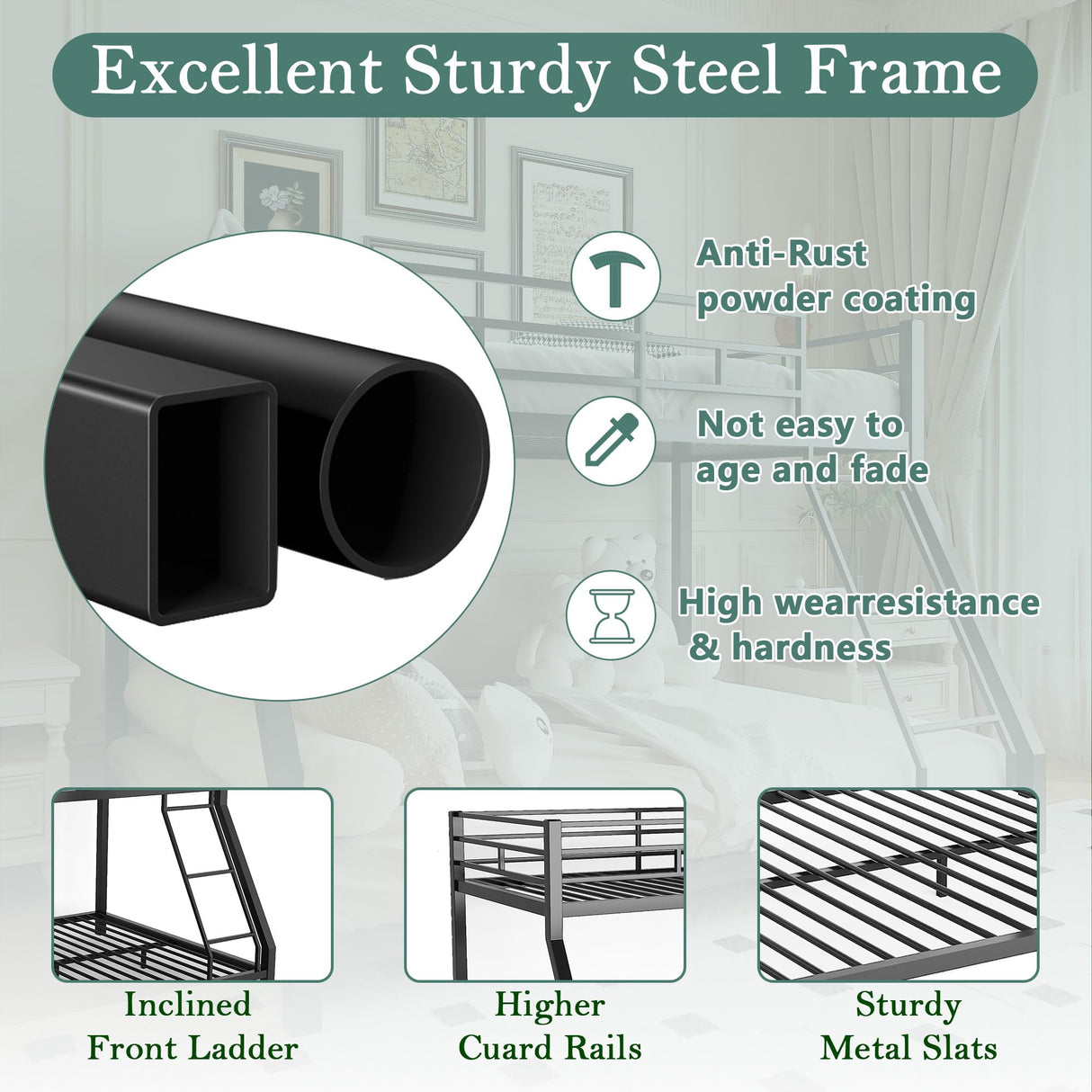 Cyranture Bunk Bed Twin Over Full Size, Twin Over Full Bunk Beds with Ladder & Guardrail Heavy Duty Bunk Beds Frame for Teens Adults Dorm Bedroom Guest Room, No Box Spring Needed（Black） Cyranture