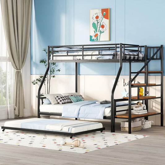 Harper & Bright Designs Twin Over Full Bunk Beds with Trundle, Metal Bunk Beds with Storage Staircase and Guard Rail, Bunk Bed Twin Over Full Size for Boys Girls Teens Dormitory Bedroom,Black