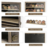 DecoWoodo 5 Rows Military Challenge Coin Display Case with HD Tempered Glass Door, Medal Display Cabinet with Removable Shelves, Poker Chip Coin Holder Shadow Box for Collectors, Rustic Wood Finish DecoWoodo