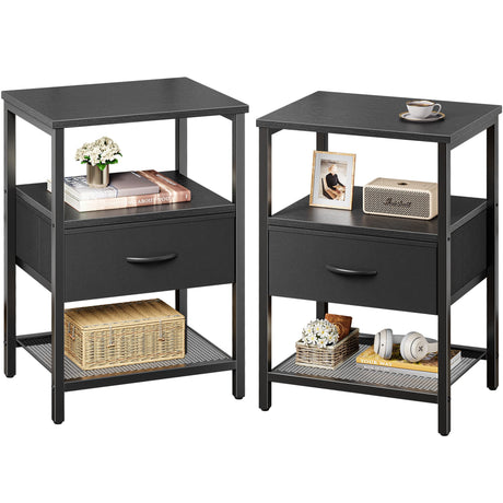 Huuger Nightstand Set of 2, Night Stand with Fabric Drawer, Mesh Shelf, Side Table with Storage, Fabric Drawer Dresser, Open Shelf, Metal Frame, Bedroom, Black Huuger