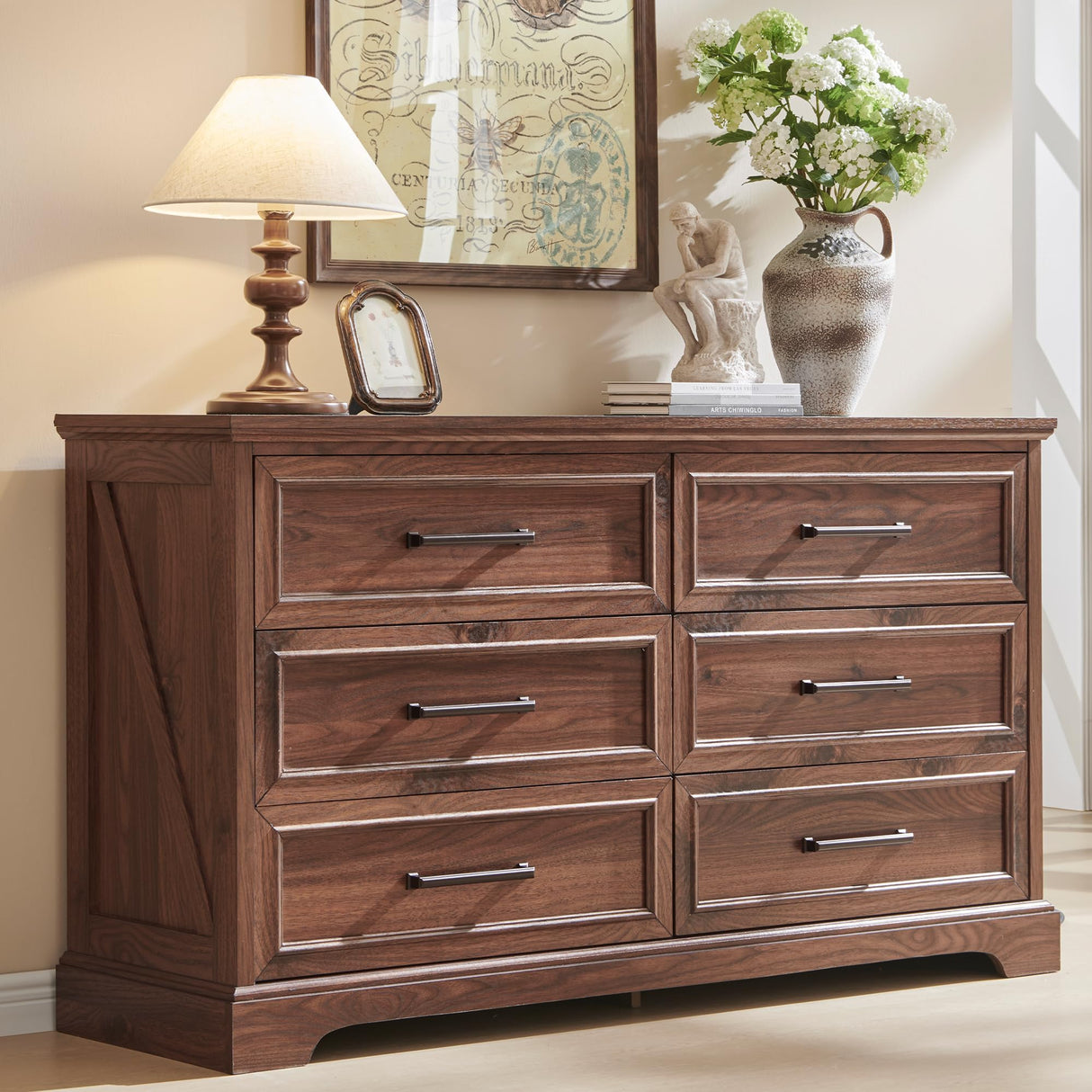 ACCOHOHO Farmhouse 6 Drawer Dresser for Bedroom, 52 Inch Wide Modern Dresser TV Stand with Large Drawers & Bar Handles, Rustic Wood Dresser Chest of Drawers for Bedroom, Living Room, Hallway, Brown ACCOHOHO