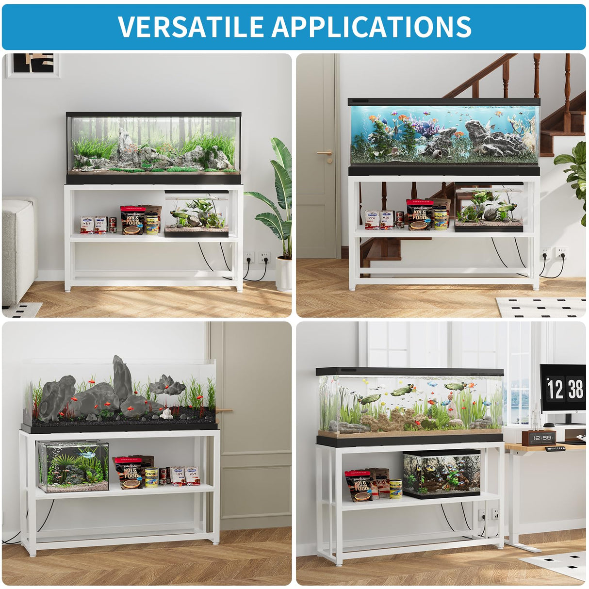 VOWNER 55-75 Gallon Fish Tank Stand - Metal Aquarium Stand, 48.4" x 14.9" x 29.5" Heavy Duty Reptile Tank Stand, Adjustable 2-Tier Fish Tank Rack Shelf for Home Office, Tank not Included, White VOWNER