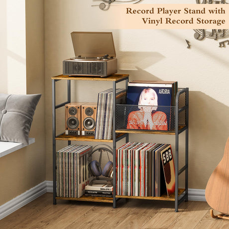 ThreeHio Record Player Stand, Turntable Stand with Vinyl Storage Holds up to 300+ Albums, Storage Cabinet for Vinyl Records, Record Player Table for Living Room ThreeHio