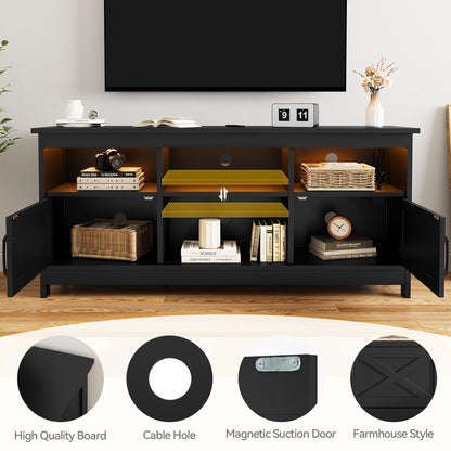 DWVO Farmhouse TV Stand for TVs Up to 65 Inch, Entertainment Centre with LED Light, TV Table with Power Outlet, TV Console for Living Room Bedroom, 59 Inches Black