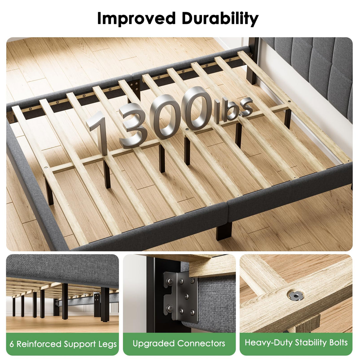 Marsail Queen Size Bed Frame, Sturdy and Durable with 12 Support Legs, 1300 lbs Capacity, Solid Wooden Upholstered Adjustable Headboard for 6"-12" Mattresses, Easy Assembly, Ideal Height, Dark Gray Marsail