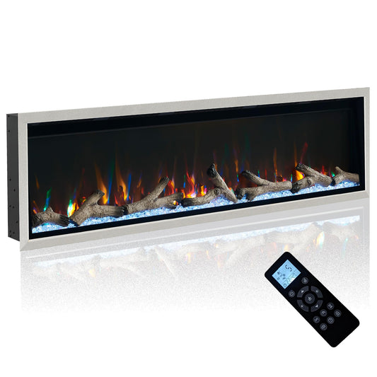 Unineo 60 Inch Electric Fireplace w/Aluminum Frame, Hidden Air Vents Design, Recessed and Wall Mounted Fireplace Heater w/Thermostat, 12×13×5 Realistic Flame, Visual Remote, Log and Crystal, Siliver