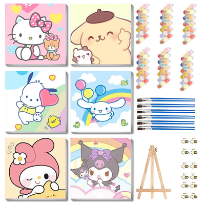 nekpiahu 6 Pack Cartoon Paint by Numbers for Kids with Framed Canvas-Cartoon Paint by Numbers for Kids Ages 4-8-12, Kid Paint by Number Crafts Kits for Home Wall Decor GIF 8X8incht(with Wooden Easel)