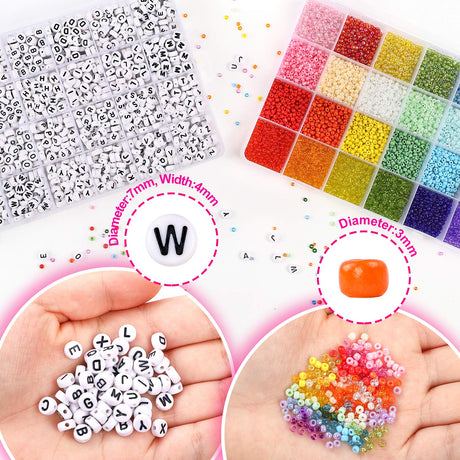 DICOBD 12000pcs 3mm Glass Seed Beads for Bracelets Making Kit with Letter Alphabet Beads, Friendship Bracelet Kits 8/0 Craft Bead for Jewelry Making Necklaces and Key Chains with 2 Rolls of Cord DICOBD