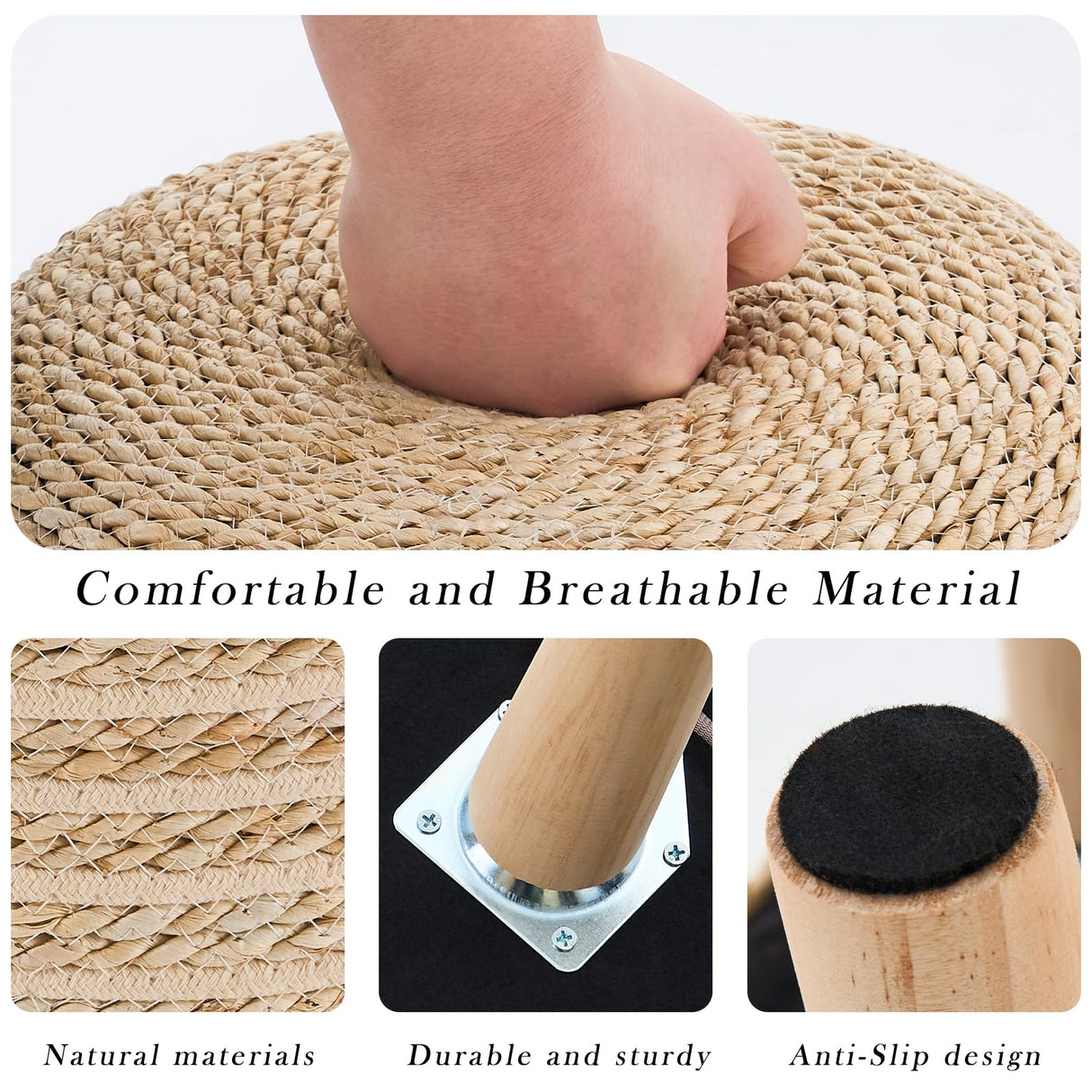 Cpintltr Round Seagrass Ottoman Footstool Handwoven Water Hyacinth Pouf with Solid Wood Legs Shoe Changing Stool Sturdy & Stylish Footrest for Living Room Balcony or Garden Beige Cpintltr