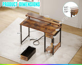 AODK Gaming Desk with LED Lights & Power Outlet, 40 Inch Small Computer Desk with Drawer, Reversible Desk with Adjustable Monitor Shelf & Headphone Hook for Home Office, Rustic Brown AODK